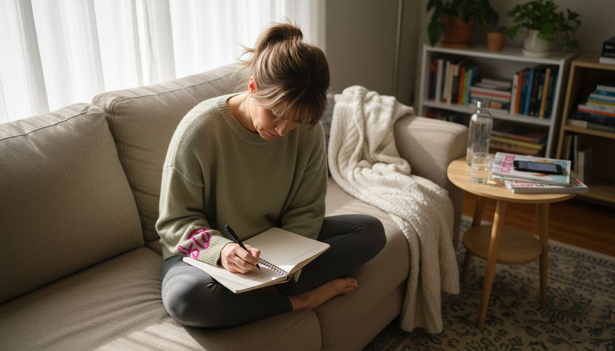 Woman recording wellness notes in journal at home