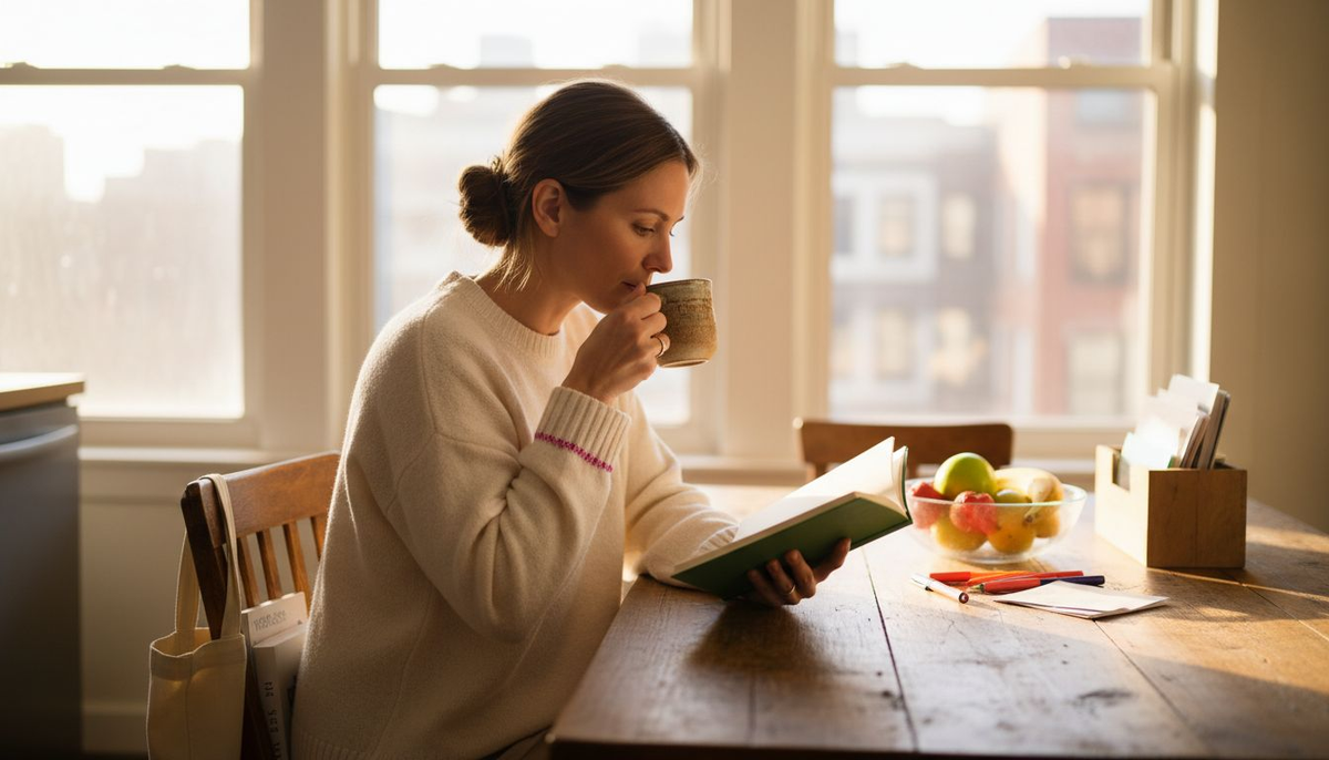 Woman journaling morning wellness routine
