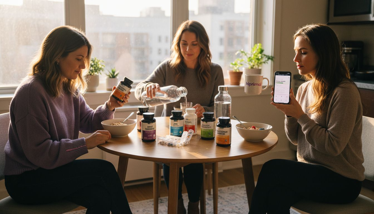 Women discuss immune supplements at kitchen table