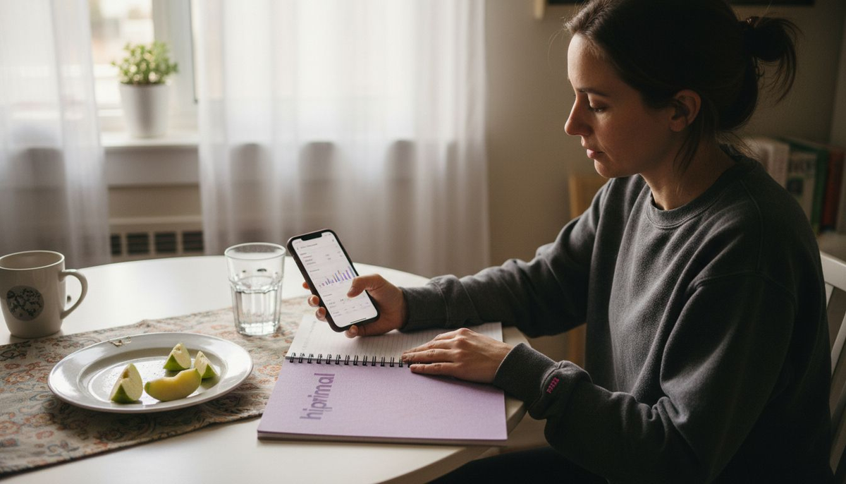 Woman tracking nutrition in kitchen journal